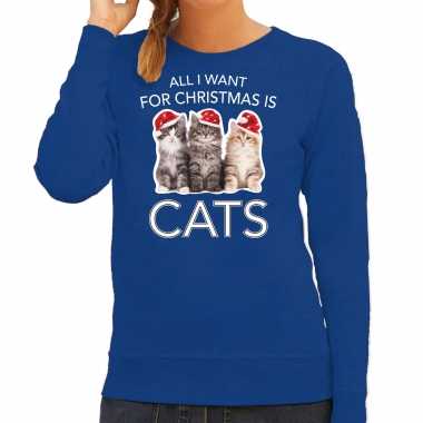 Blauwe kersttrui / kerstkleding all i want for christmas is cats dames