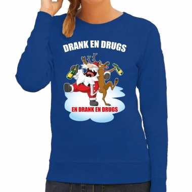 Blauwe kersttrui / kerstkleding drank drugs dames