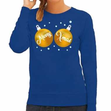 Blauwe kersttrui / kerstkleding gouden merry xmas dames