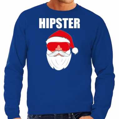 Blauwe kersttrui / kerstkleding hipster heren kerstman zonnebril