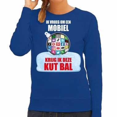 Blauwe kersttrui / kerstkleding ik vroeg om een mobiel krijg ik deze kut bal dames social media kerstbal
