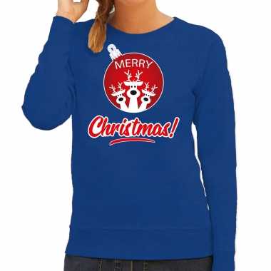 Blauwe kersttrui / kerstkleding merry christmas dames rendier kerstbal