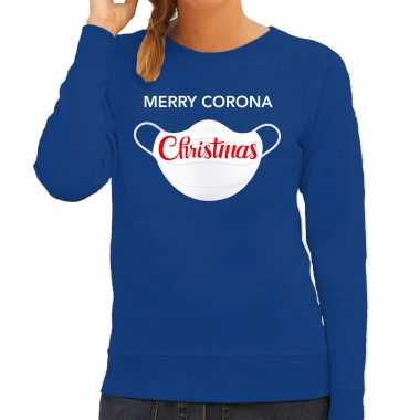 Blauwe kersttrui / kerstkleding merry corona christmas dames