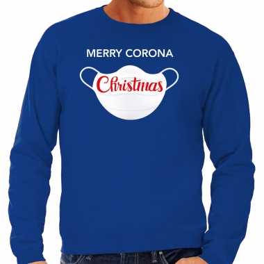 Blauwe kersttrui / kerstkleding merry corona christmas heren grote maten