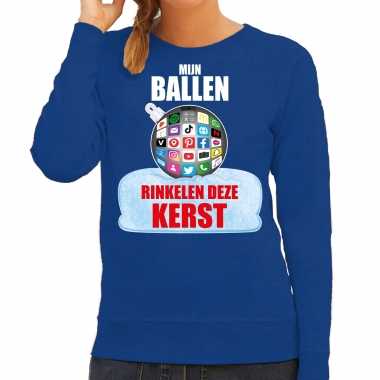 Blauwe kersttrui / kerstkleding mijn ballen rinkelen deze kerst dames social media kerstbal