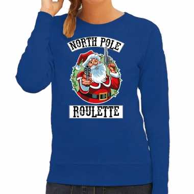 Blauwe kersttrui / kerstkleding northpole roulette dames