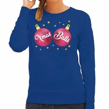 Blauwe kersttrui / kerstkleding roze xmas balls dames