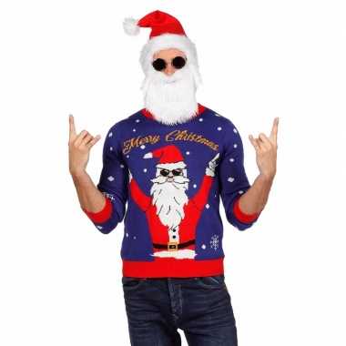 Blauwe lelijke kersttrui rockende kerstman