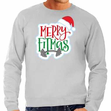 Grijze kersttrui / kerstkleding merry fitmas heren