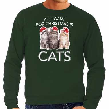 Groene kersttrui / kerstkleding all i want for christmas is cats heren