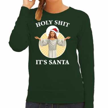 Groene kersttrui / kerstkleding holy shit its santa dames
