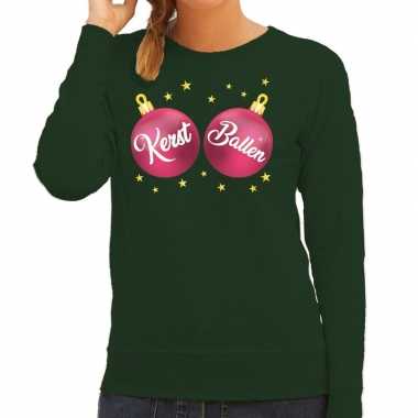 Groene kersttrui / kerstkleding roze kerst ballen dames