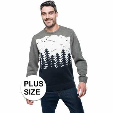 Grote maat grijs/blauwe lelijke/lelijke gebreide kersttrui bomen/berg