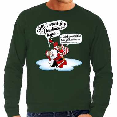 Grote maat lelijke kerstborrel trui / kersttrui zingende kerstman gitaar all i want for christmas is you groen heren