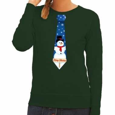 Lelijke kerst sweater sneeuwpop stropdas groen dames