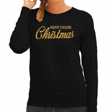 Lelijke kerstborrel trui / kersttrui merry fucking christmas glitter goud zwart dames