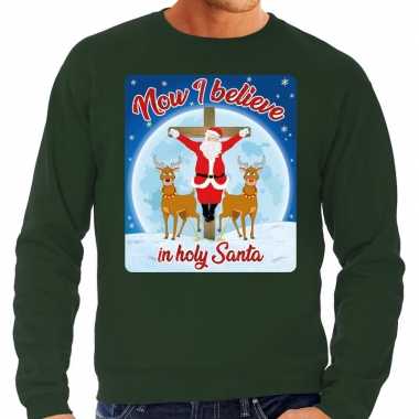 Lelijke kerstborrel trui / kersttrui now i believe holy santa groen heren