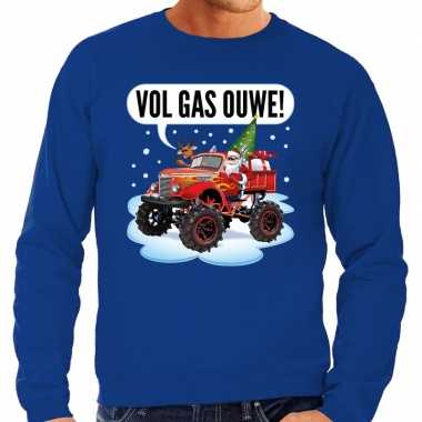 Lelijke kerstborrel trui / kersttrui vol ga ouwe / santa monstertruck / truck blauw heren