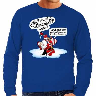 Lelijke kerstborrel trui / kersttrui zingende kerstman gitaar all i want for christmas is you blauw heren