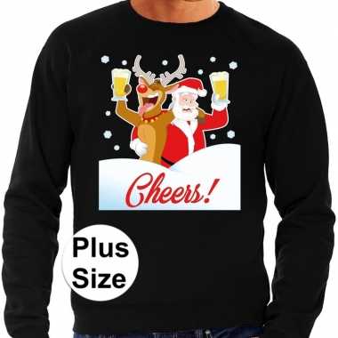 Plus size lelijke kerstborrel trui / kersttrui proostende kerstman rudolf zwart heren