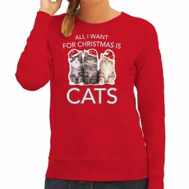 Rode kersttrui / kerstkleding all i want for christmas is cats dames