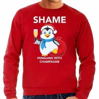 Rode kersttrui / kerstkleding pinguin shame penguins with champagne heren