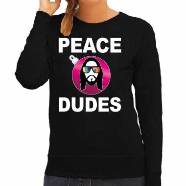 Zwarte kersttrui / kerstkleding peace dudes dames social media kerstbal