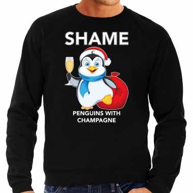 Zwarte kersttrui / kerstkleding pinguin shame penguins with champagne heren