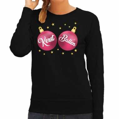 Zwarte kersttrui / kerstkleding roze kerst ballen dames