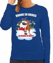 Blauwe kersttrui kerstkleding drank drugs dames