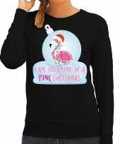 Zwarte kersttrui kerstkleding i am dreaming of a pink christmas dames flamingo kerstbal
