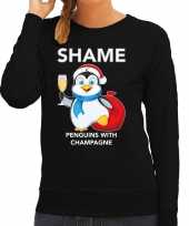 Zwarte kersttrui kerstkleding pinguin shame penguins with champagne dames