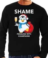 Zwarte kersttrui kerstkleding pinguin shame penguins with champagne heren